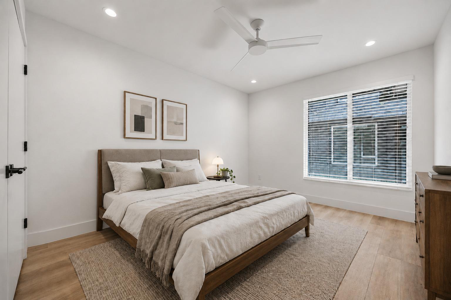 Staged bedroom with neutral bedding, a wood bed, and a large window with blinds.