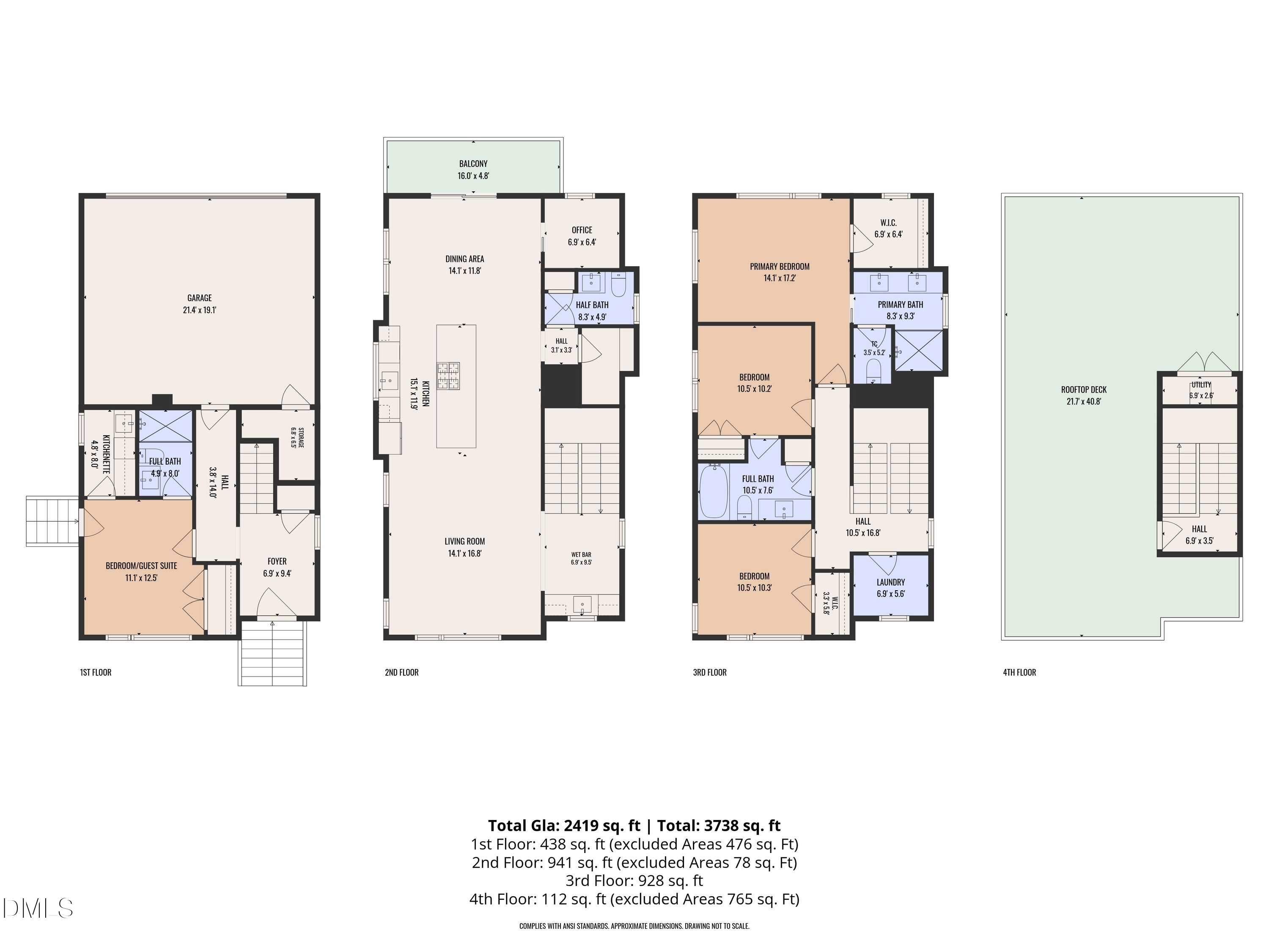 Four-story floor plan showing room layouts, dimensions, and a rooftop deck.