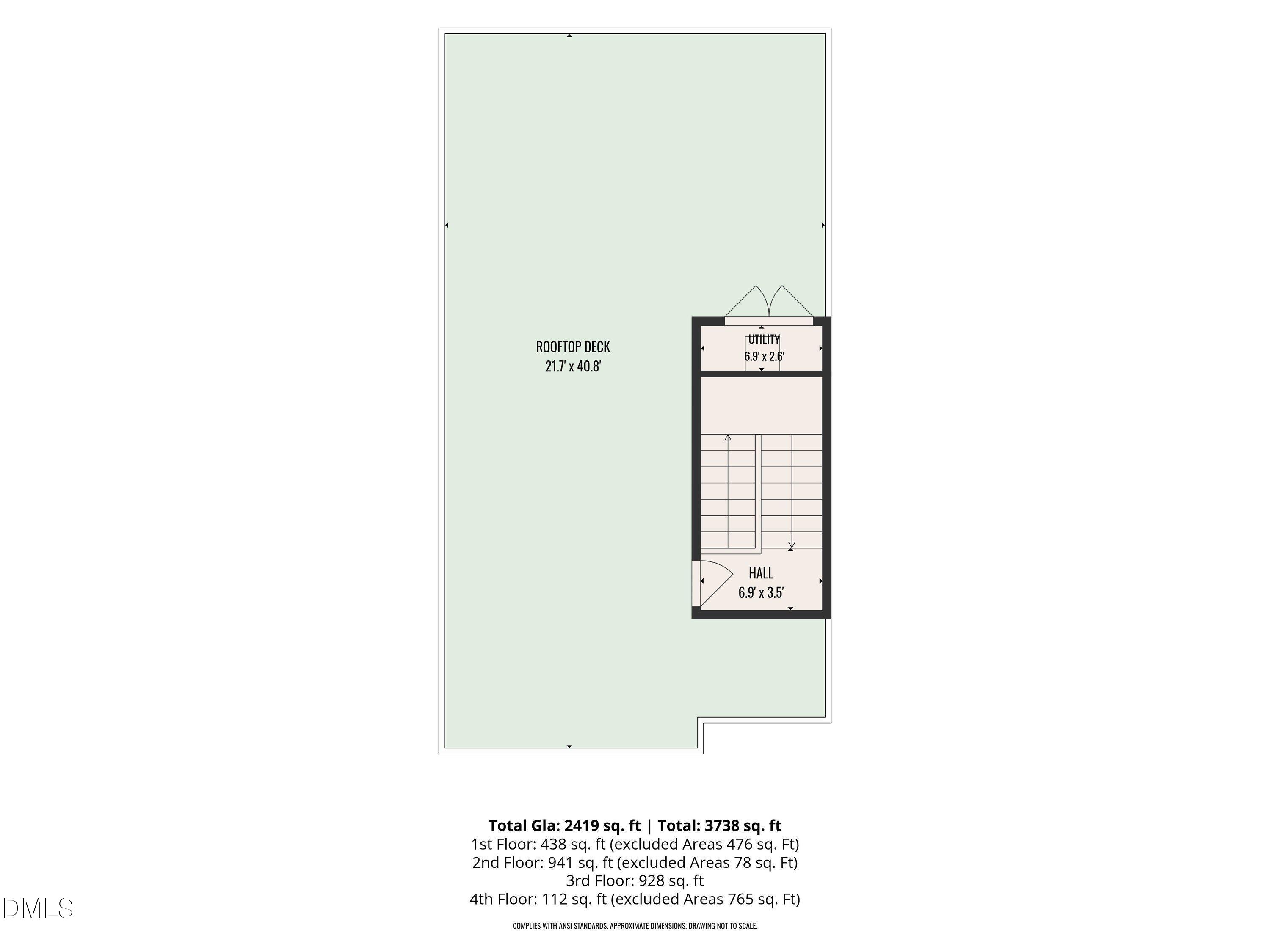 Floor plan showing a large rooftop deck, utility room, hall, stairs, and area figures for four floors.