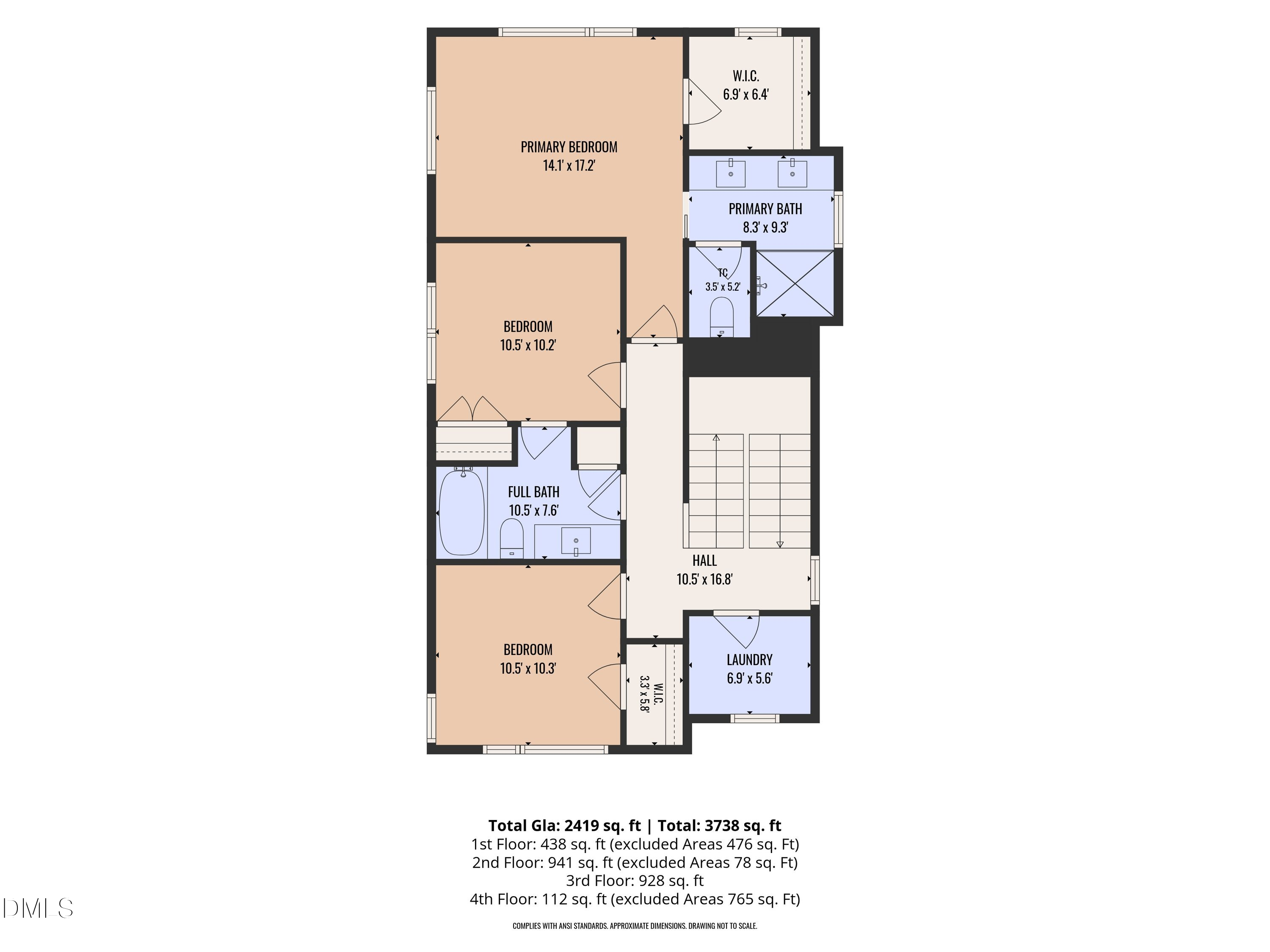 Second-floor plan with three bedrooms, two bathrooms, laundry, hall, and room dimensions.