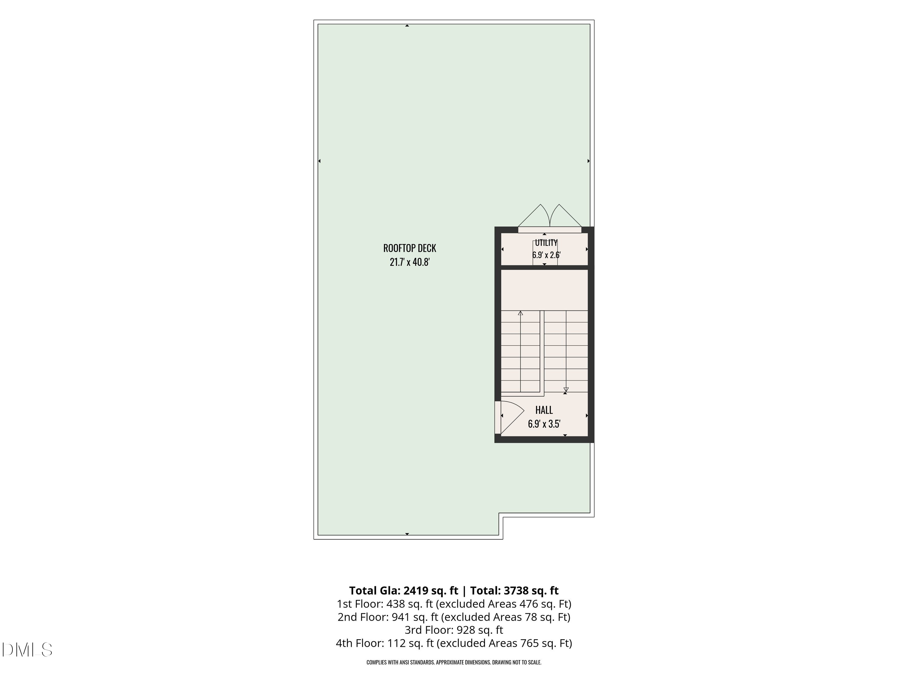 Multi-level floor plan with a large rooftop deck, utility room, hall, and floor area measurements.