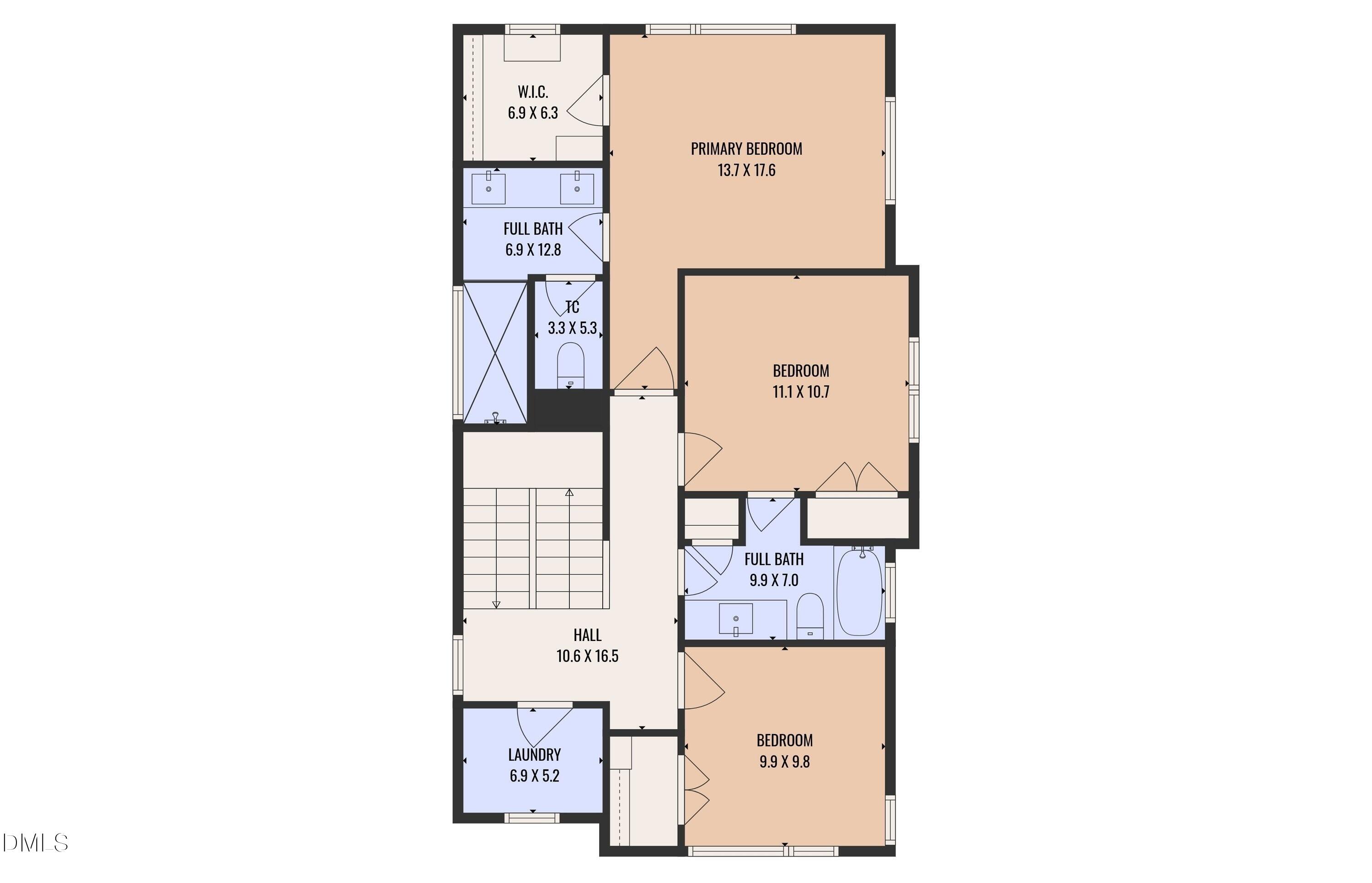 Upper-level floor plan with a primary bedroom, two bedrooms, two full bathrooms, walk-in closet, and laundry.