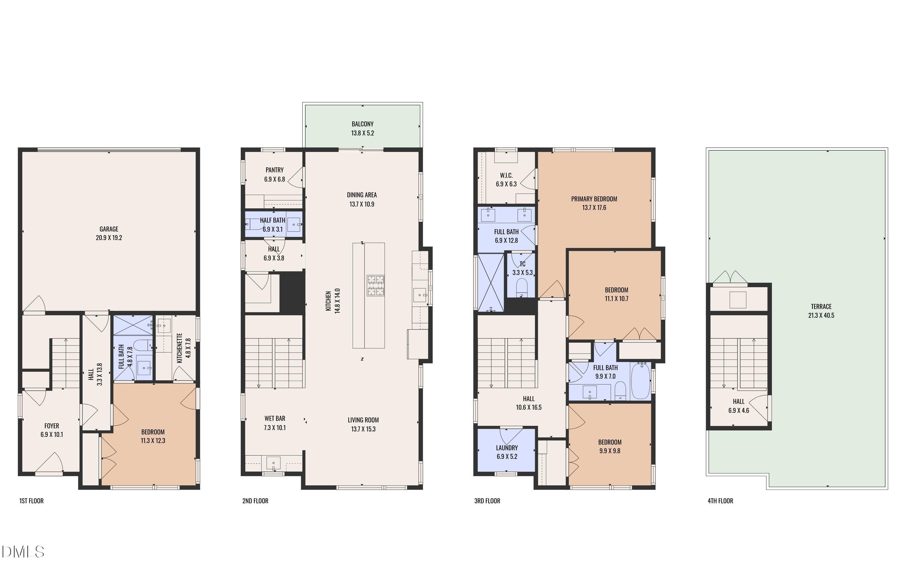 Four-level floor plan with a garage, living and dining areas, bedrooms, and a large rooftop terrace.