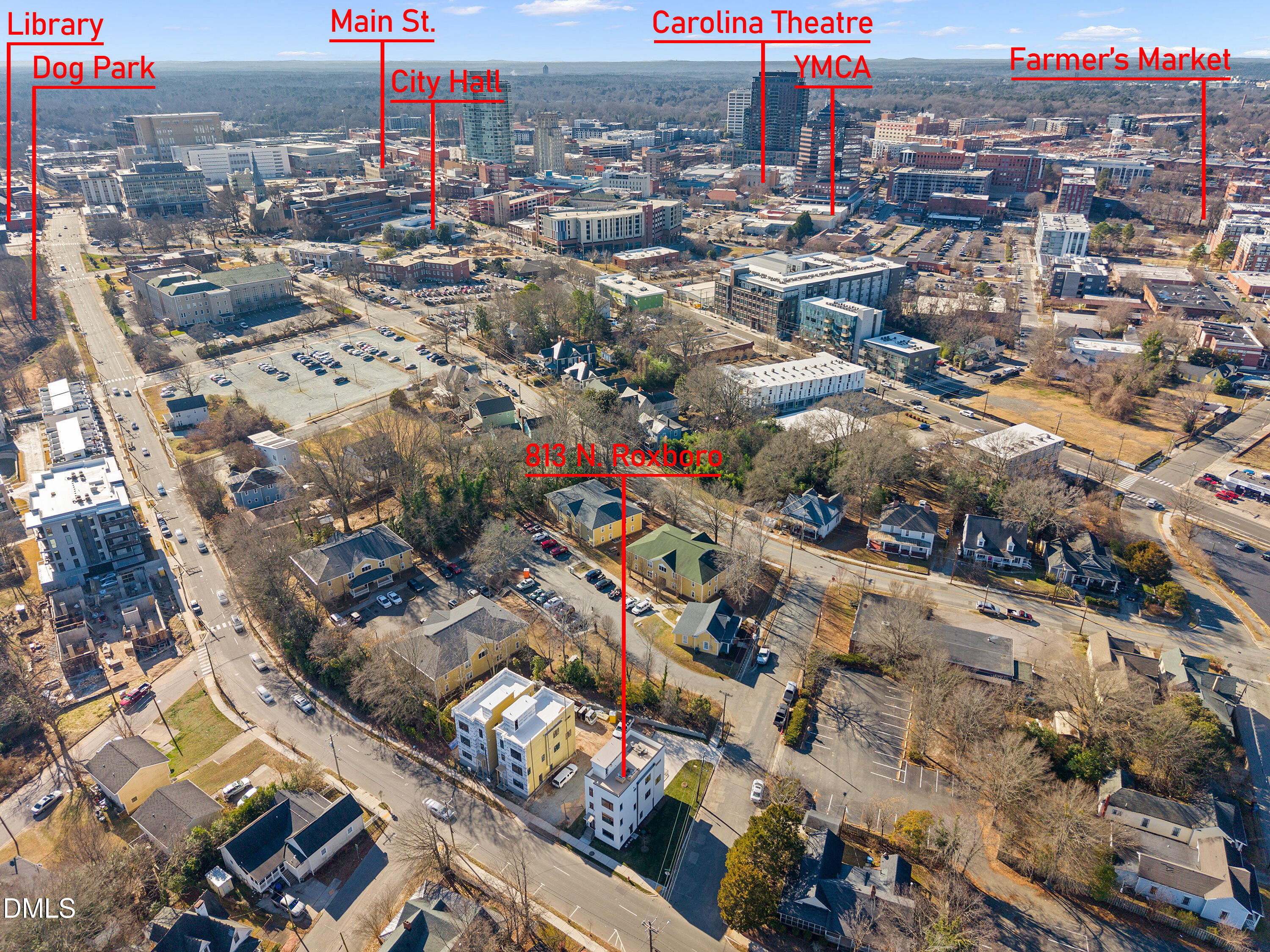 Aerial view of 813 N. Roxboro Street, with red labels marking nearby downtown landmarks.