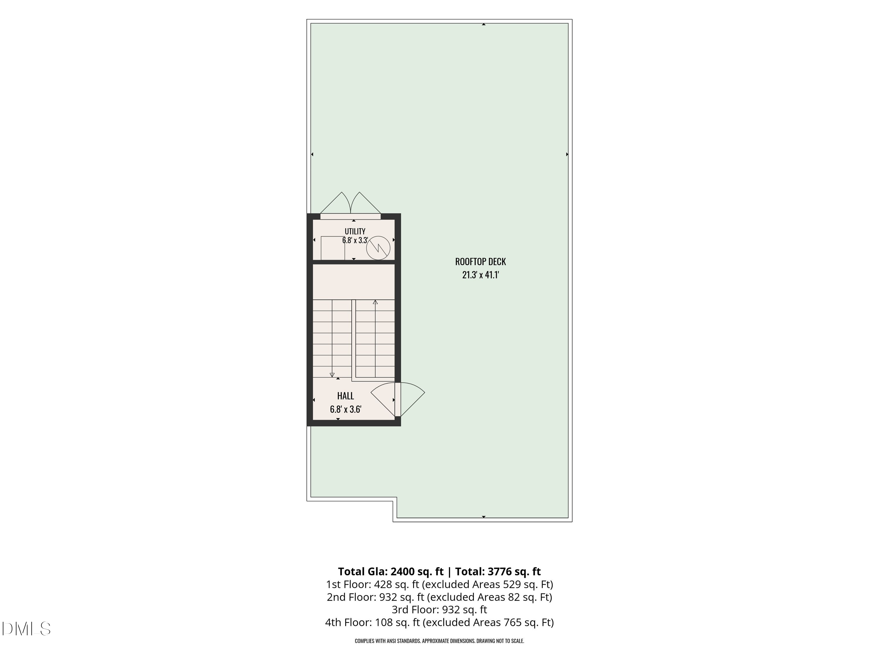 Floor plan showing a large rooftop deck, utility room, hall, and floor-area totals.