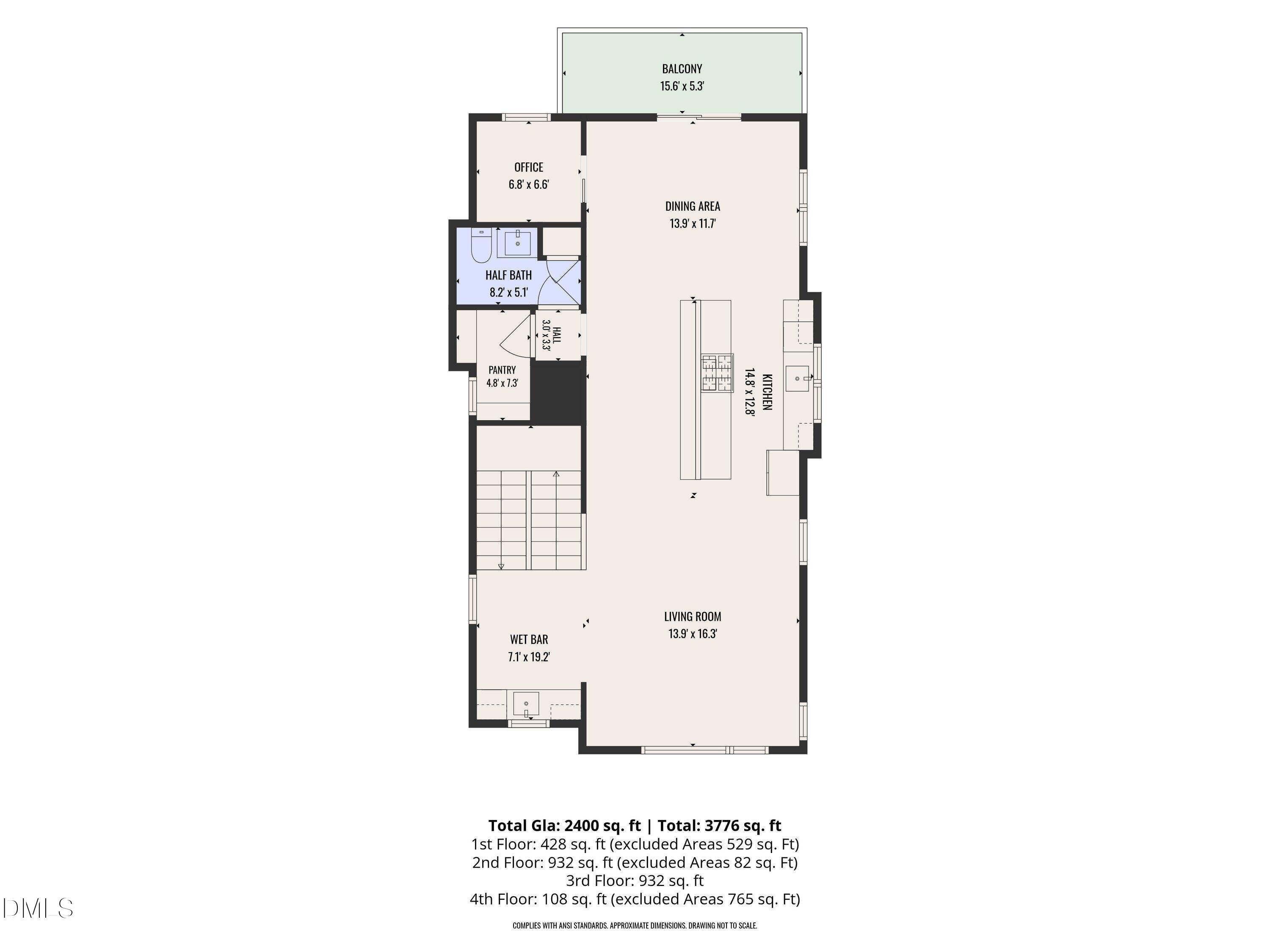 Floor plan with kitchen, living room, dining area, office, wet bar, and balcony.