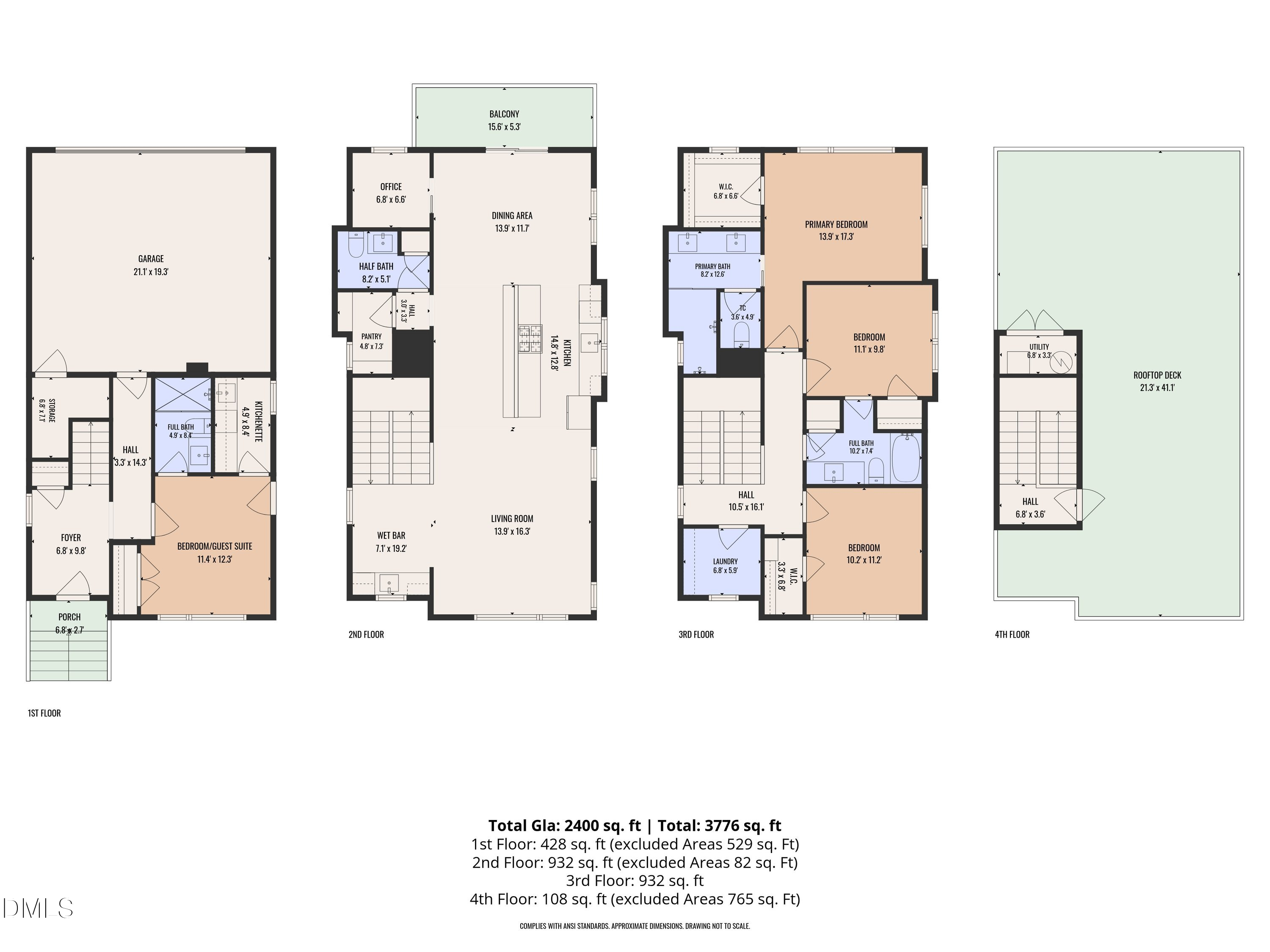 Four-story floor plan with room labels, dimensions, and a rooftop deck; 2,400 square feet of gross living area.