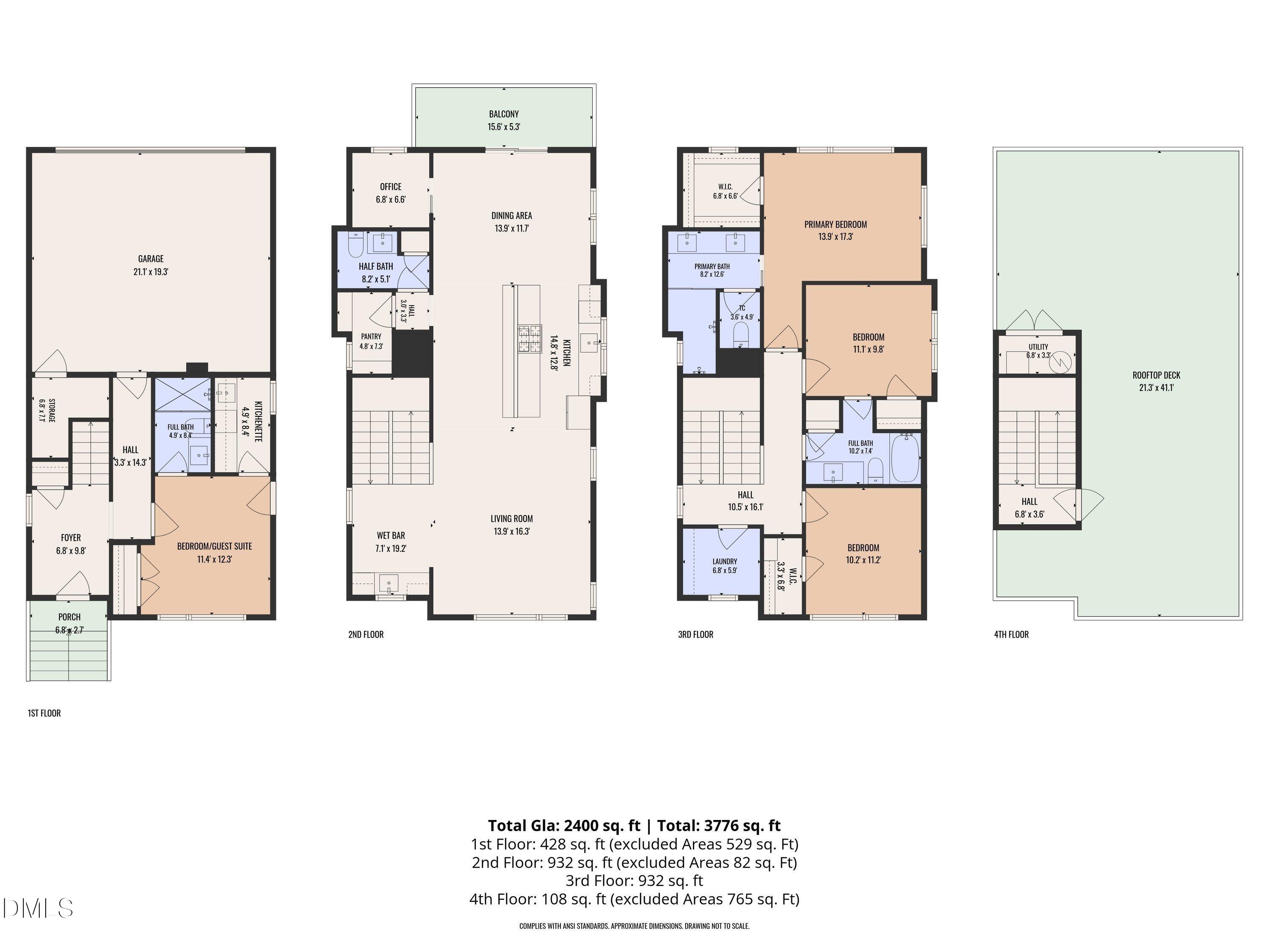 Four-floor home plan with a garage, living and bedroom layouts, balconies, and a rooftop deck.