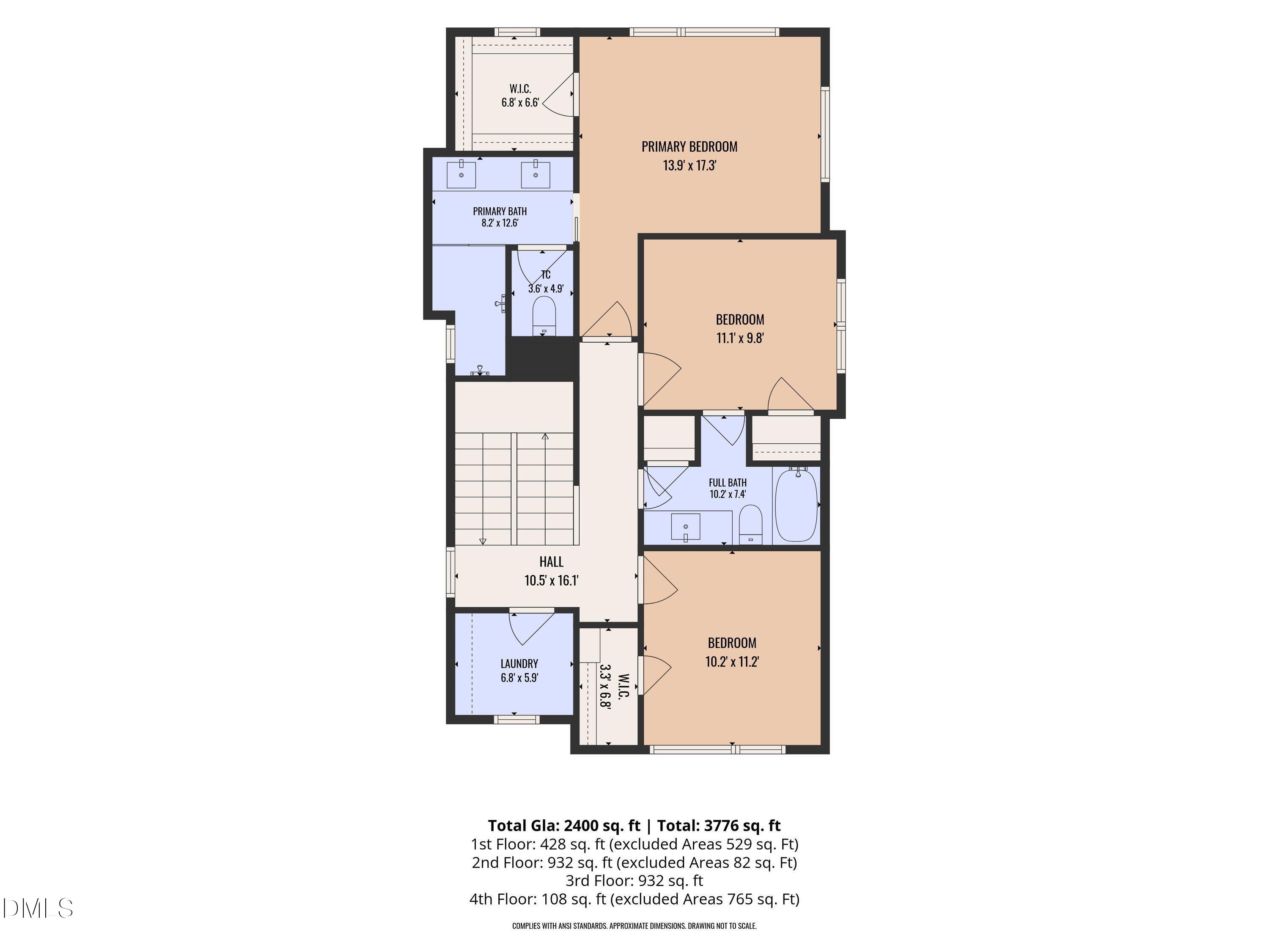 Floor plan showing three bedrooms, two bathrooms, laundry, and room dimensions.