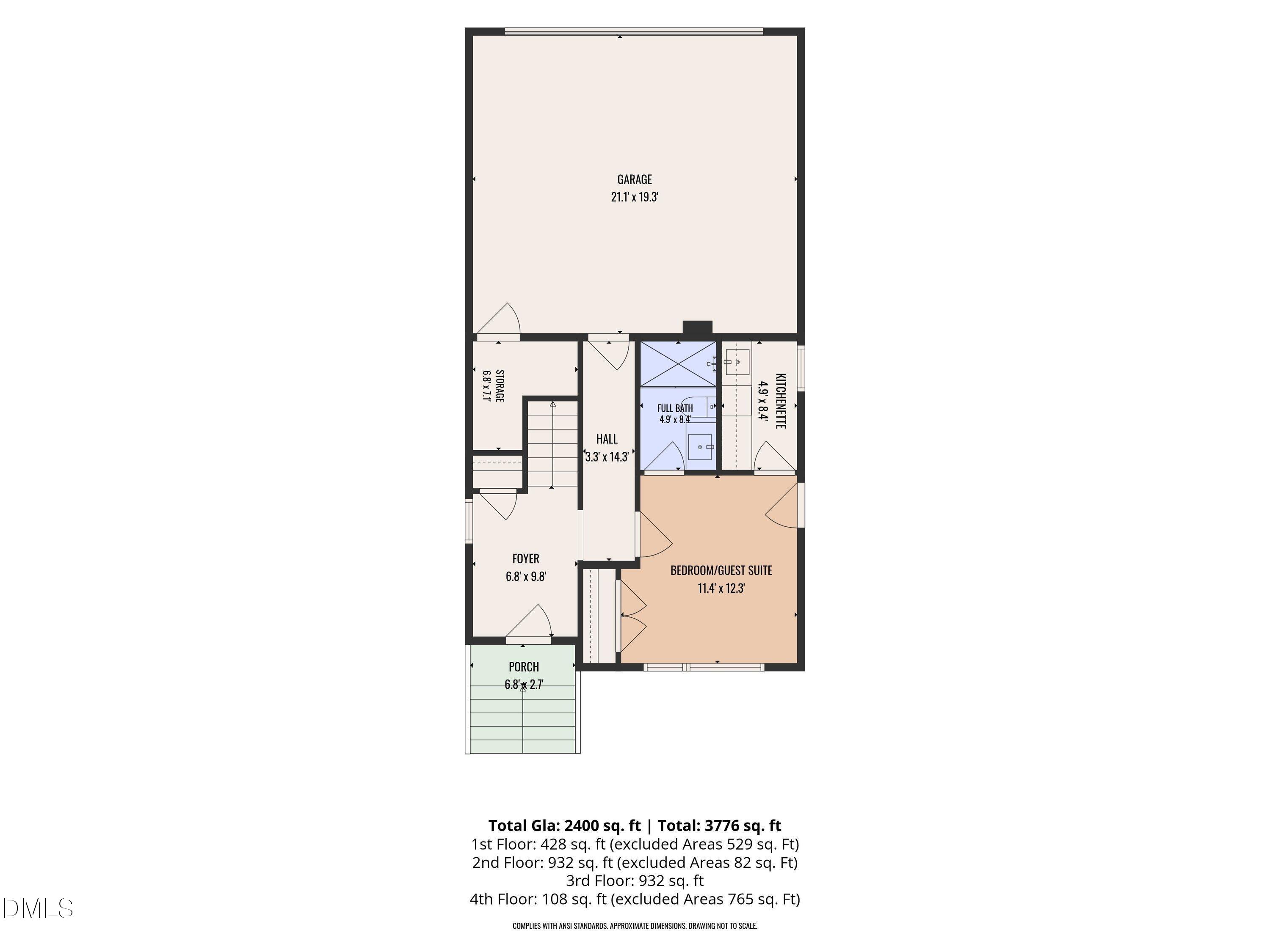 First-floor plan with garage, guest suite, kitchenette, full bath, foyer, storage, and porch.