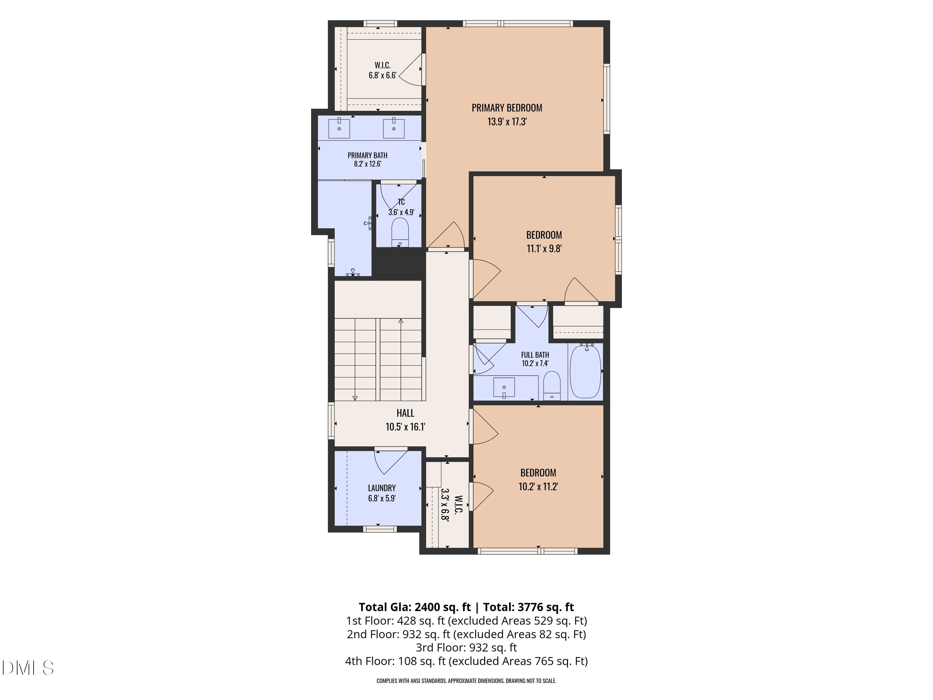 Second-floor plan showing three bedrooms, two bathrooms, a walk-in closet, hall, and laundry.