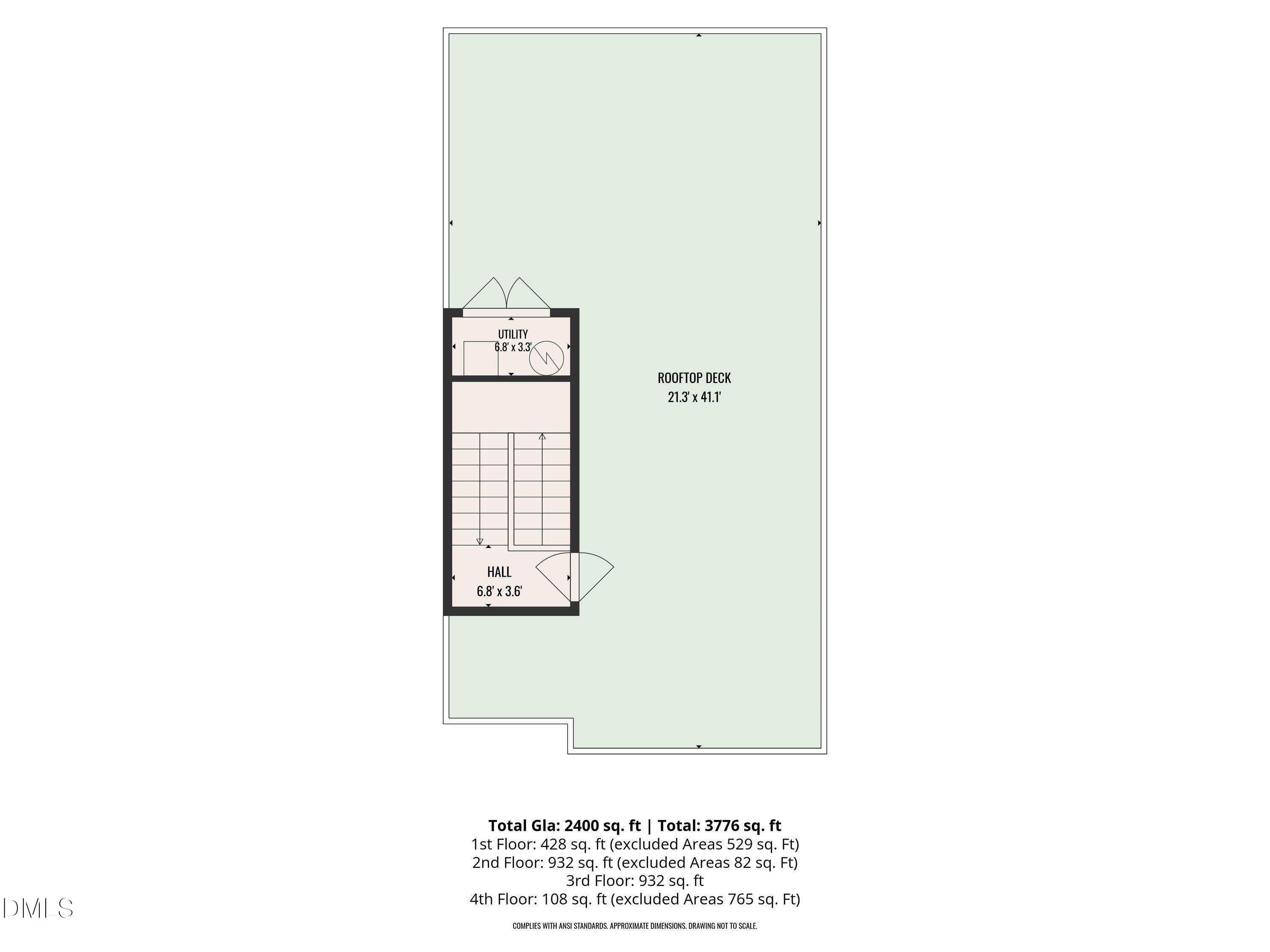 Floor plan showing a large rooftop deck, utility room, hall, stairs, and floor area totals.