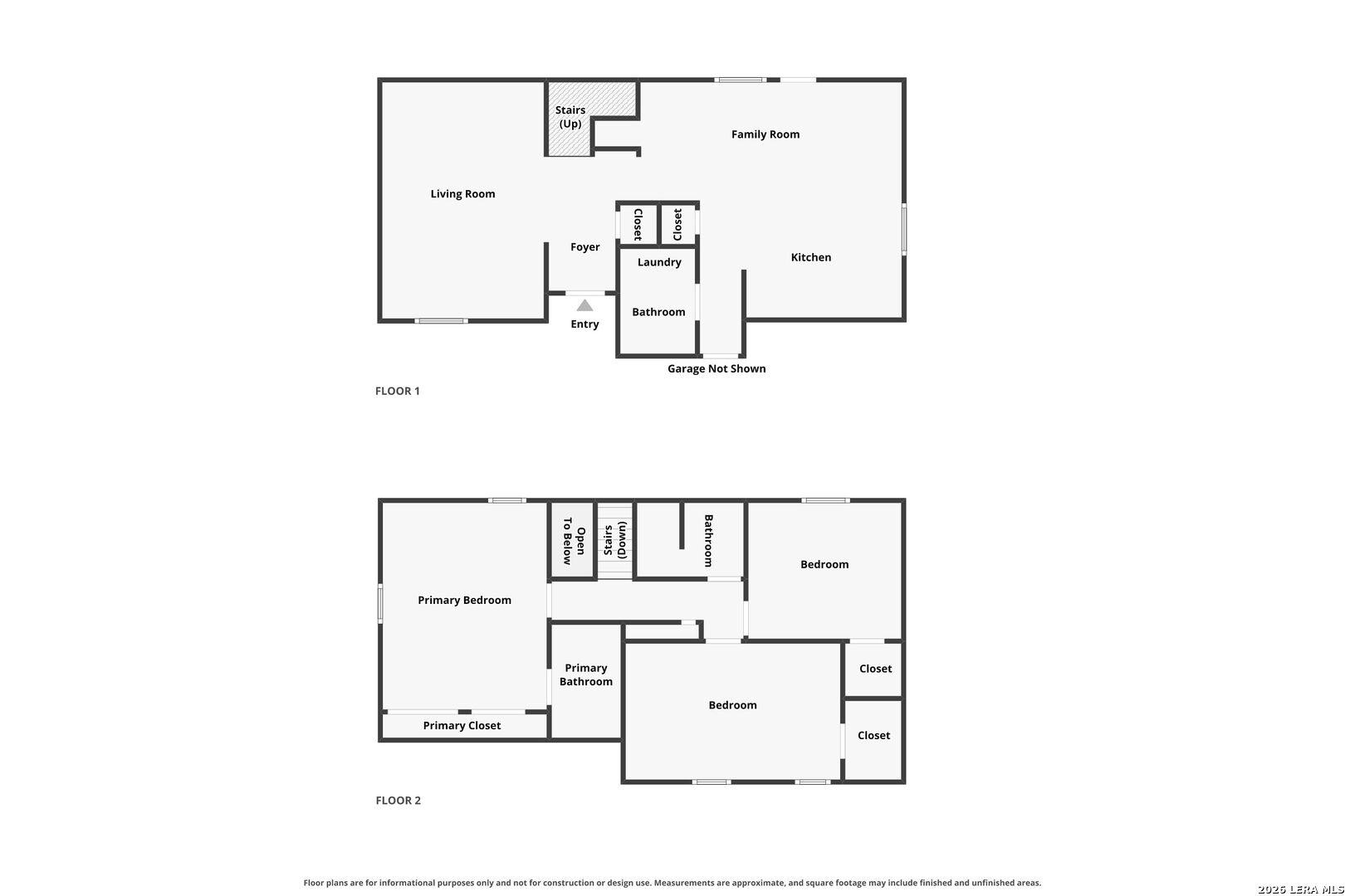 Two-story floor plan showing living areas downstairs and three bedrooms upstairs.