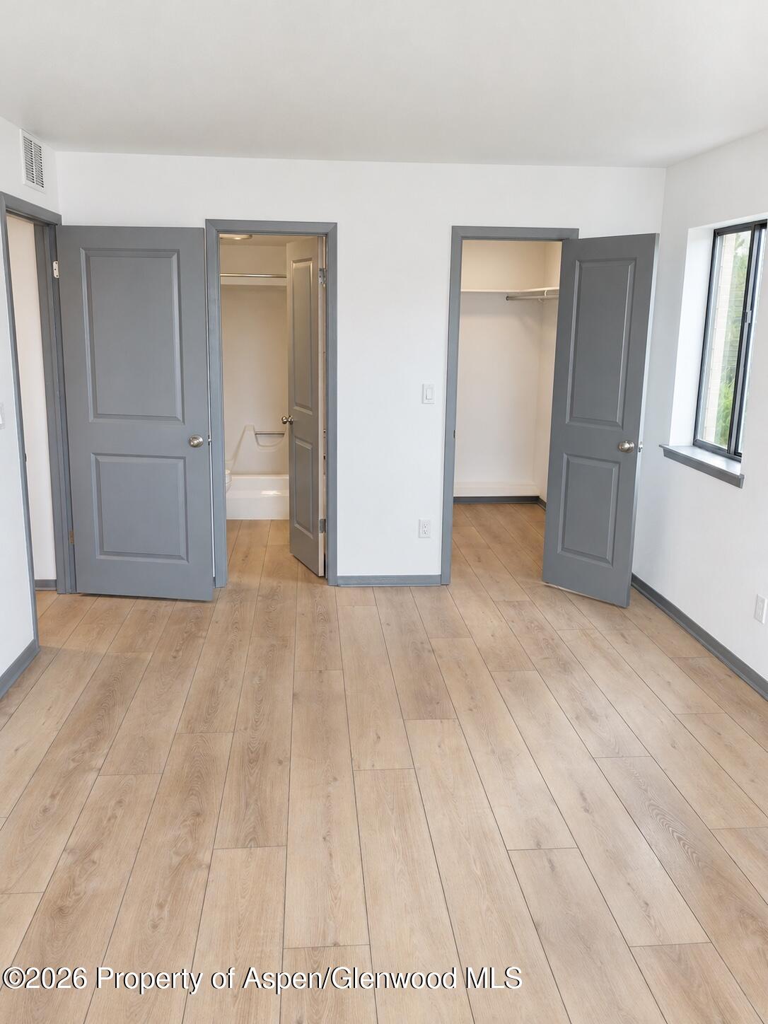 Vacant bedroom with light wood-look flooring, a window, and open closet and bathroom doors.