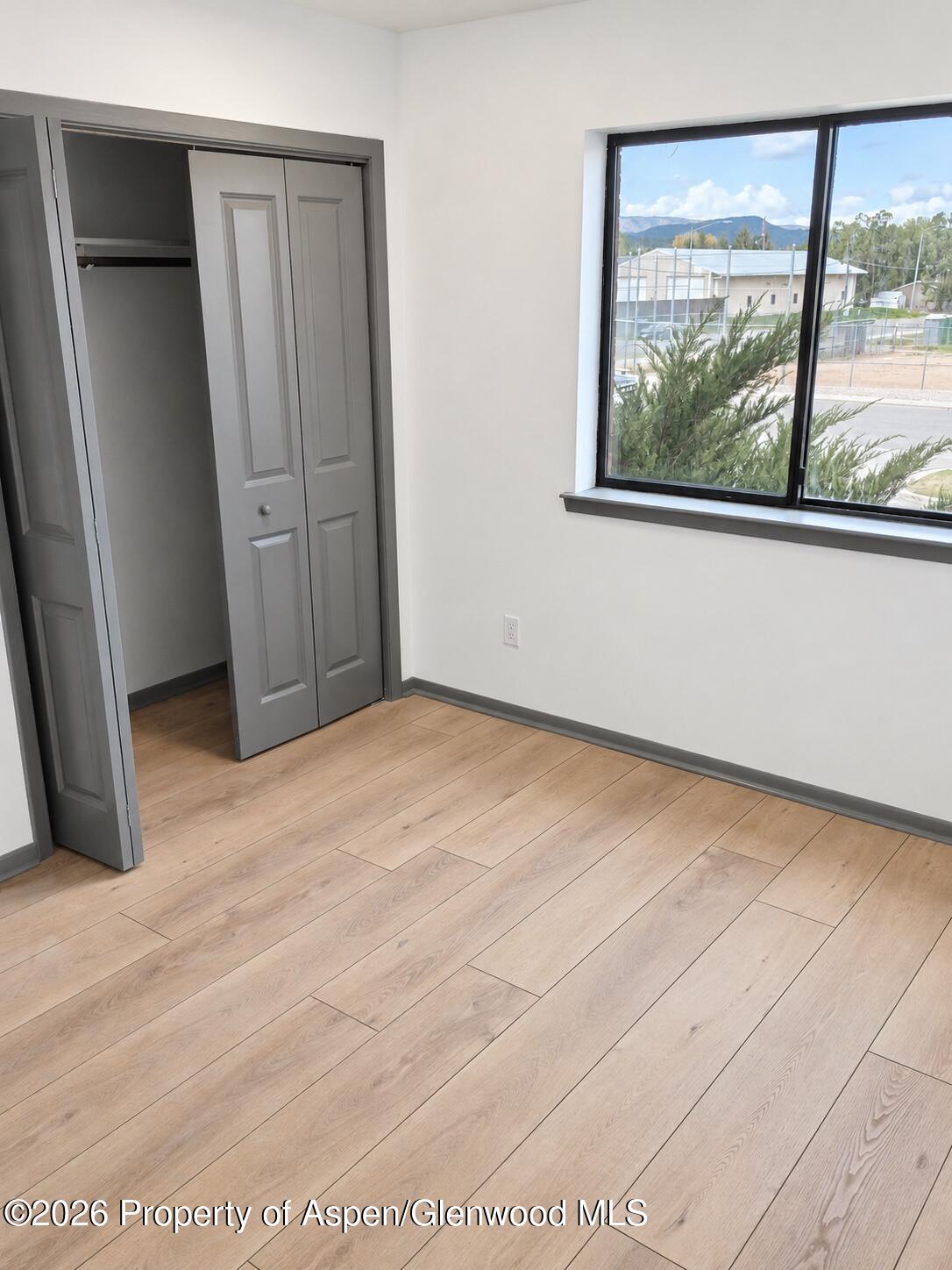 Empty bedroom with light wood flooring, gray closet doors, and a mountain view through the window.