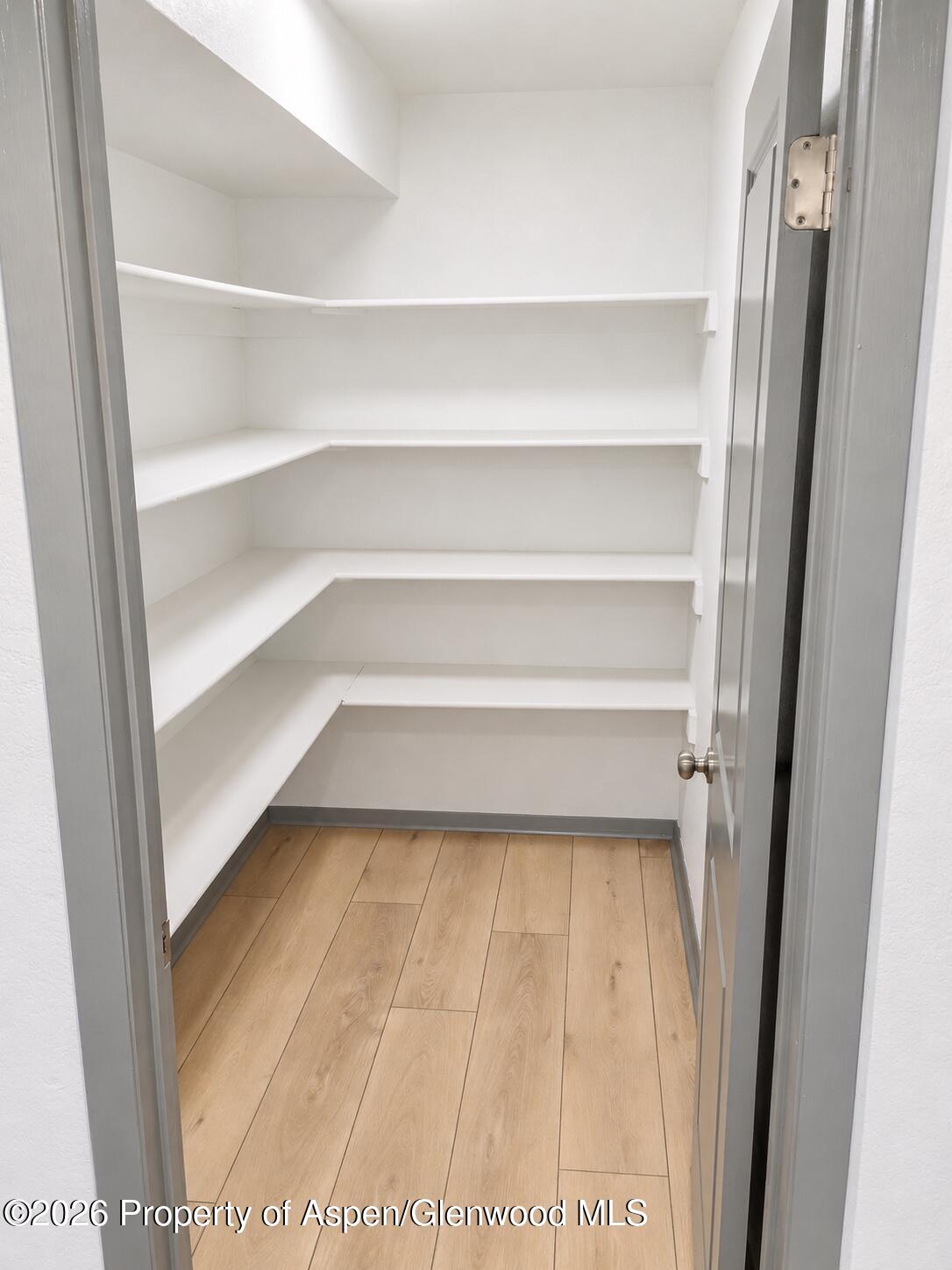Walk-in closet with wraparound white shelves and light wood-look flooring.