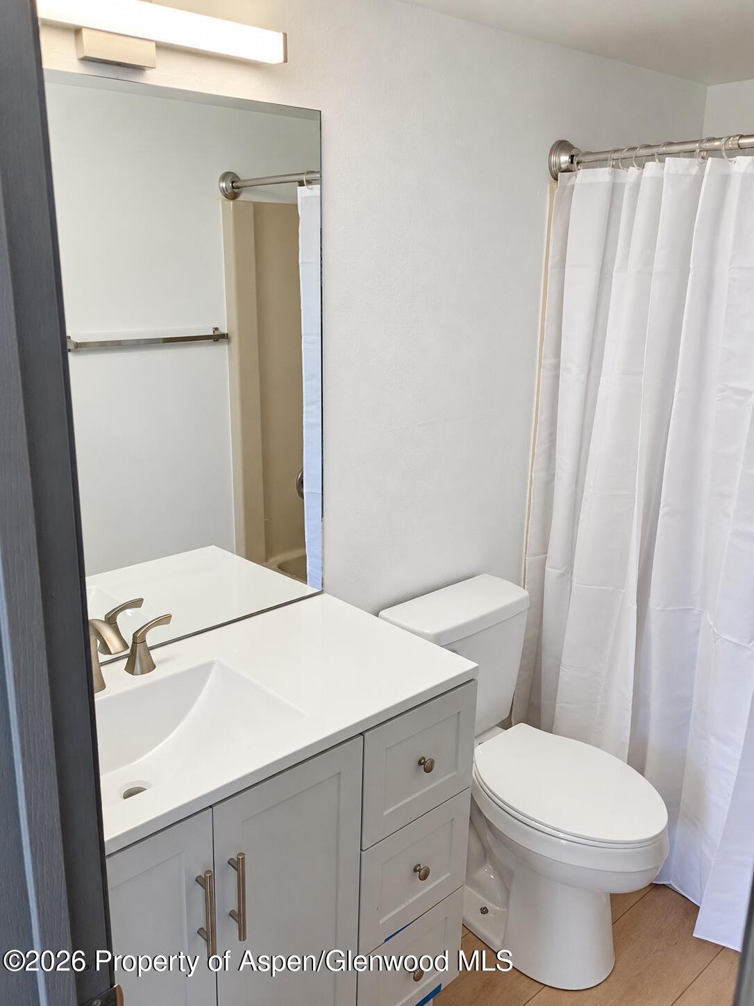 Bathroom with a white vanity, large mirror, toilet, and white shower curtain.