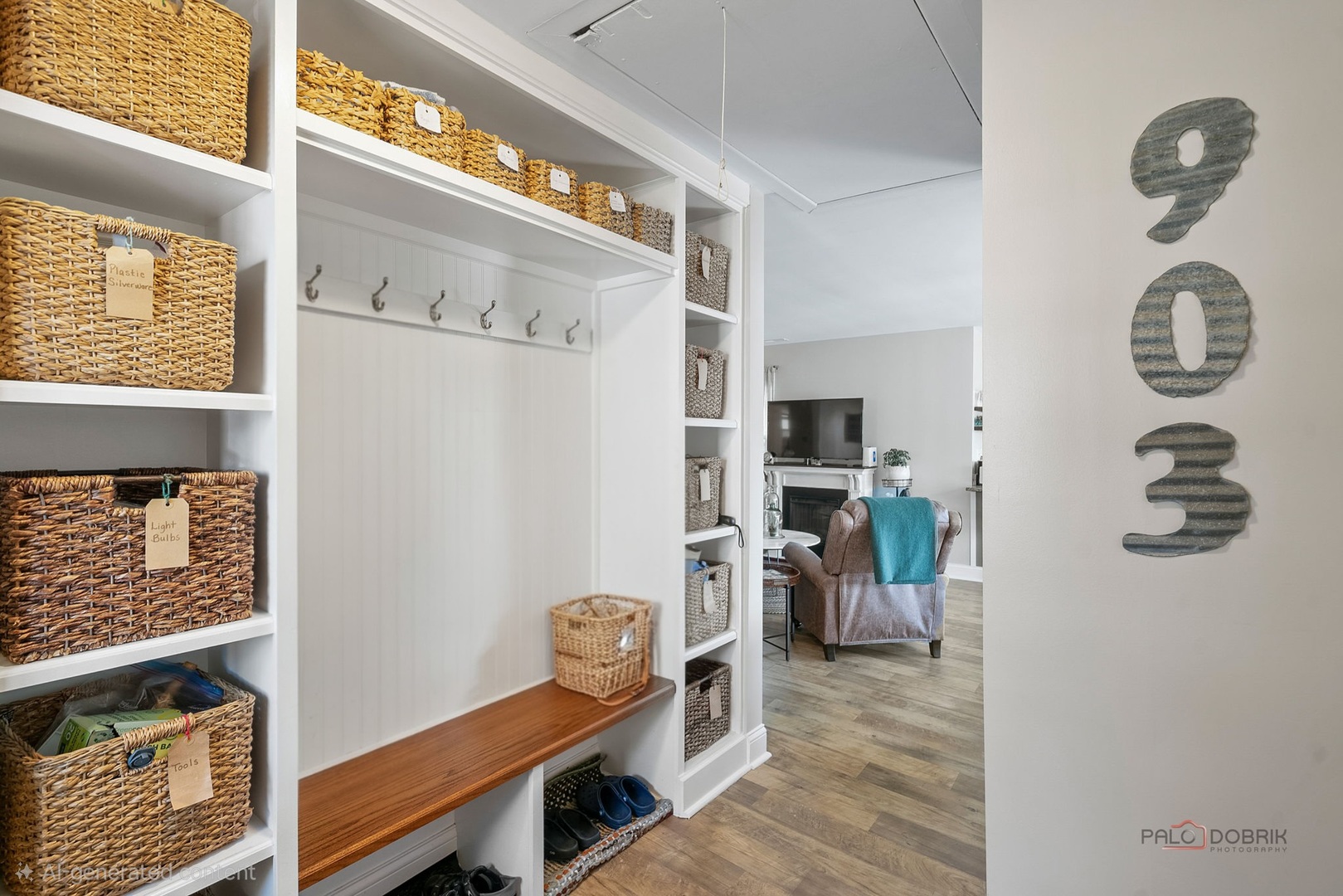 Entryway with built-in cubbies, wicker baskets, and a wooden bench beside the living room.