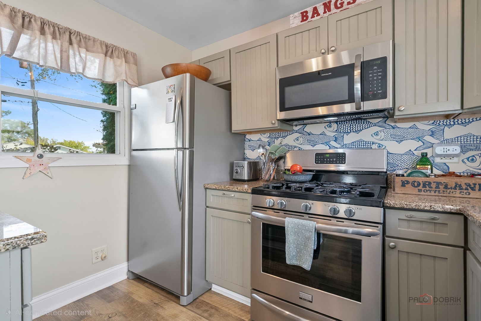 Kitchen with stainless steel appliances, cream cabinets, and a blue fish-patterned backsplash.