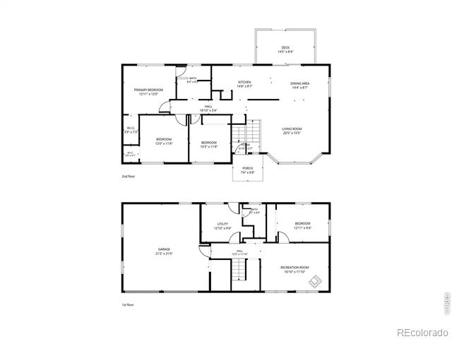 Two-level floor plan showing bedrooms, kitchen, living and dining areas, deck, garage, and recreation room.