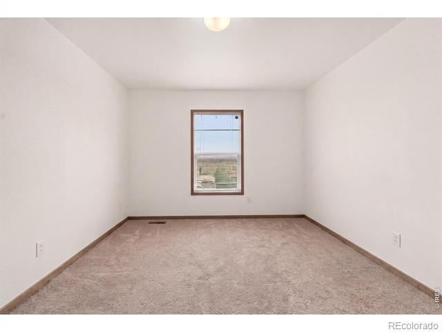 Empty carpeted room with brown trim and a single window overlooking a flat landscape.