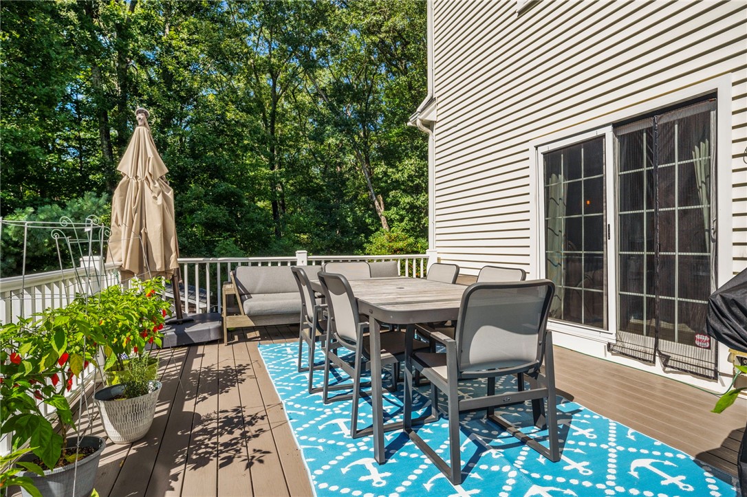 Furnished deck with a dining table, blue patterned rug, and leafy trees beyond the railing.