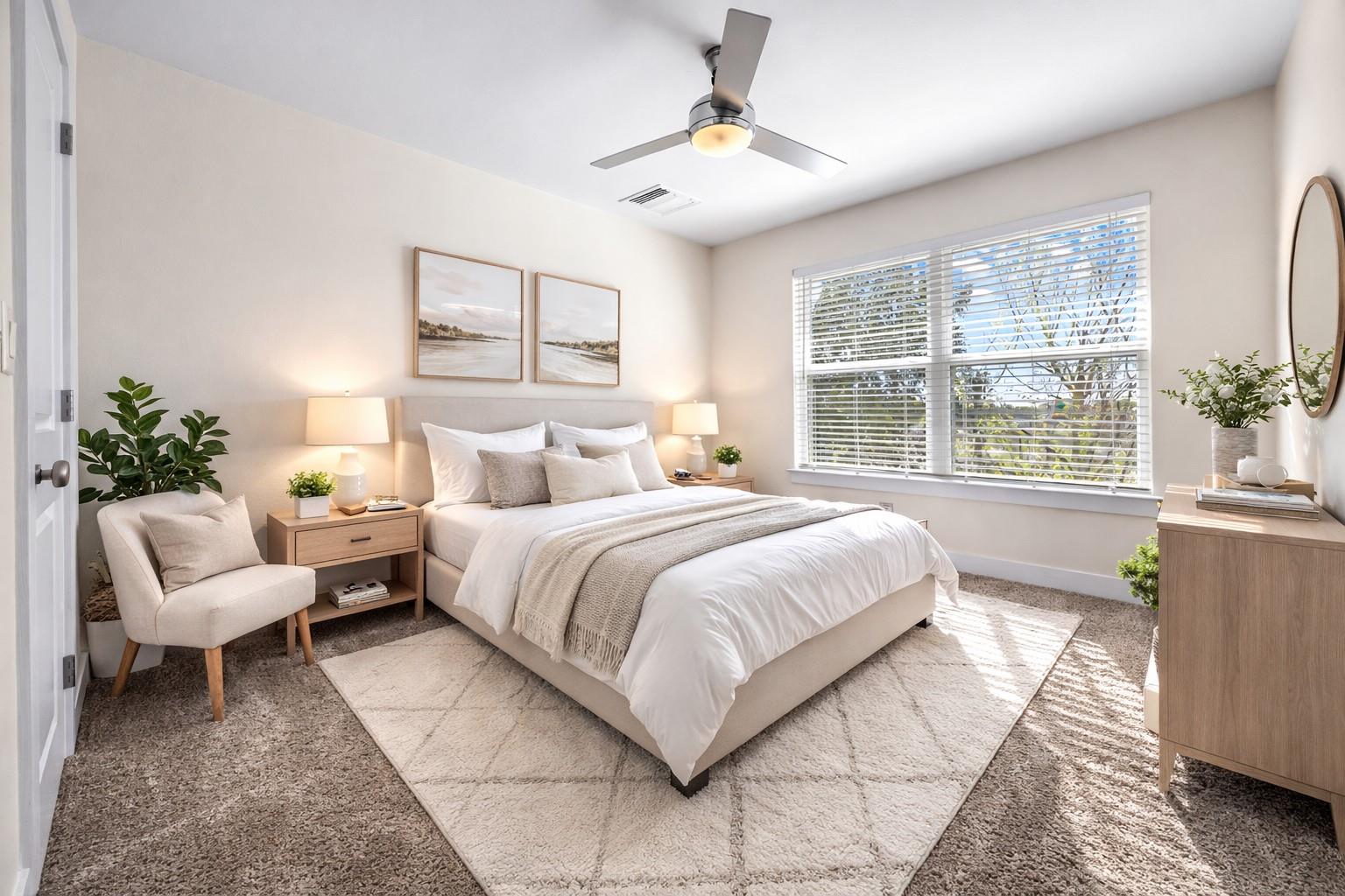 Staged bedroom with a white bed, wide window with blinds, ceiling fan, and upholstered chair.