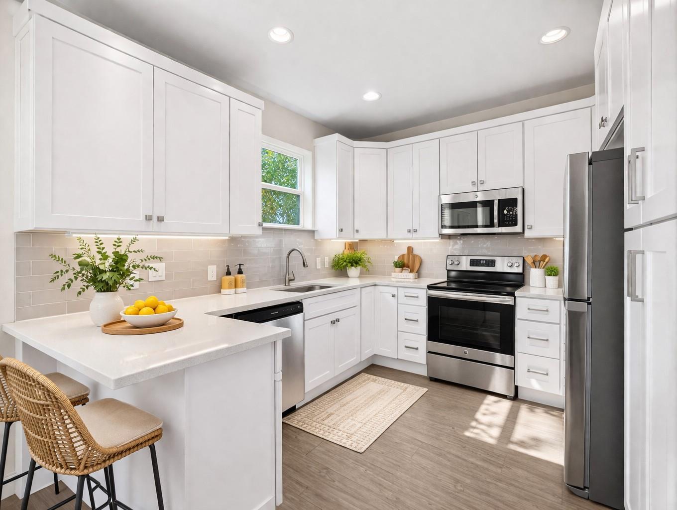 Bright white kitchen with a countertop island, woven stools, and stainless steel appliances.