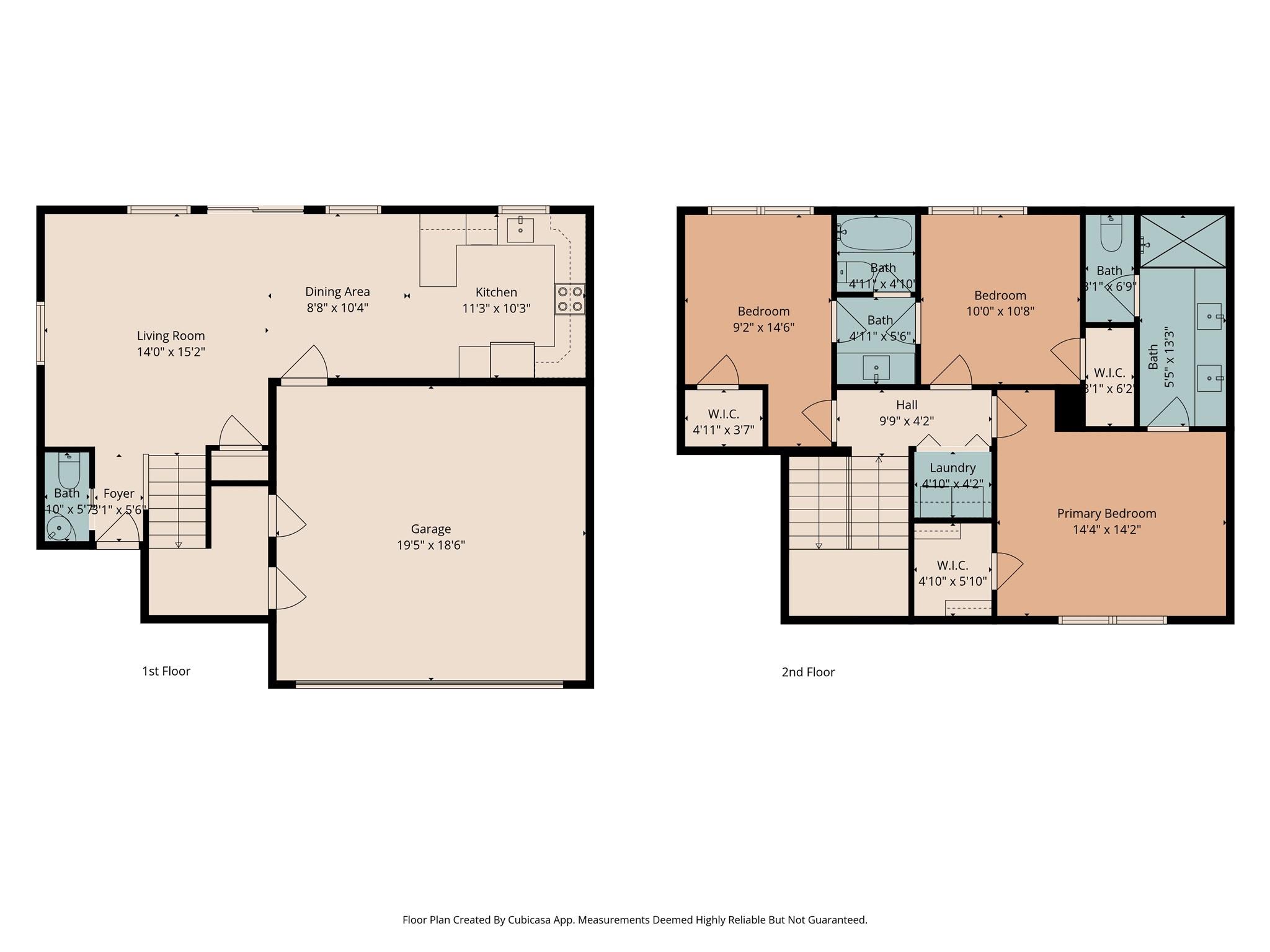 Two-story floor plan with an open living, dining, and kitchen area downstairs and three bedrooms upstairs.