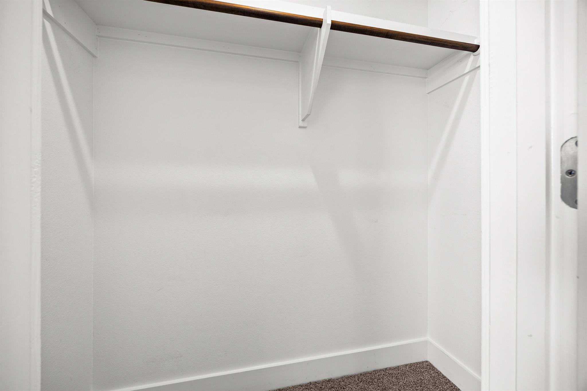 Empty white closet with a dark wood hanging rod and carpeted floor.