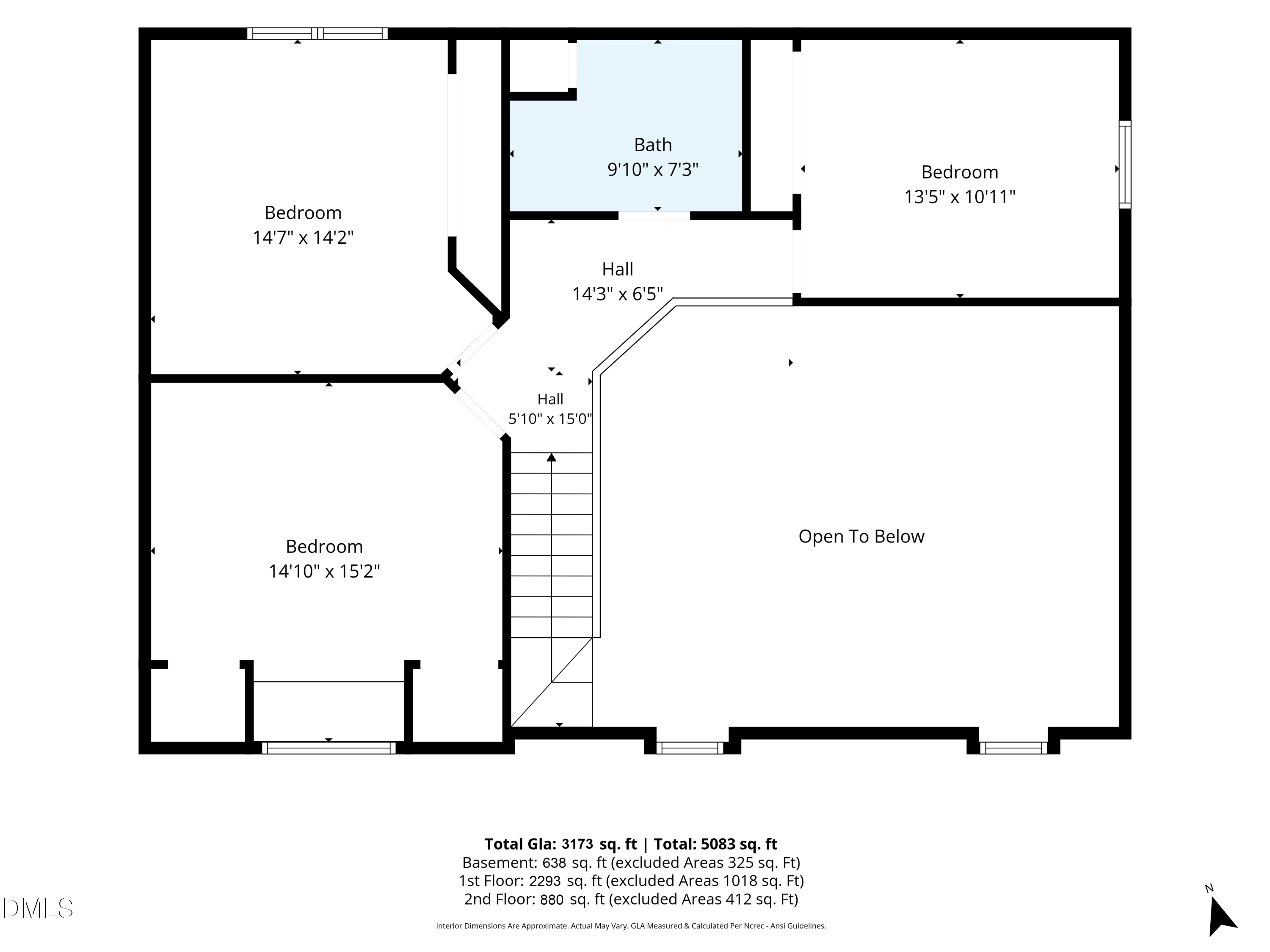 Second-floor plan showing three bedrooms, a bath, halls, stairs, and an open-to-below area.