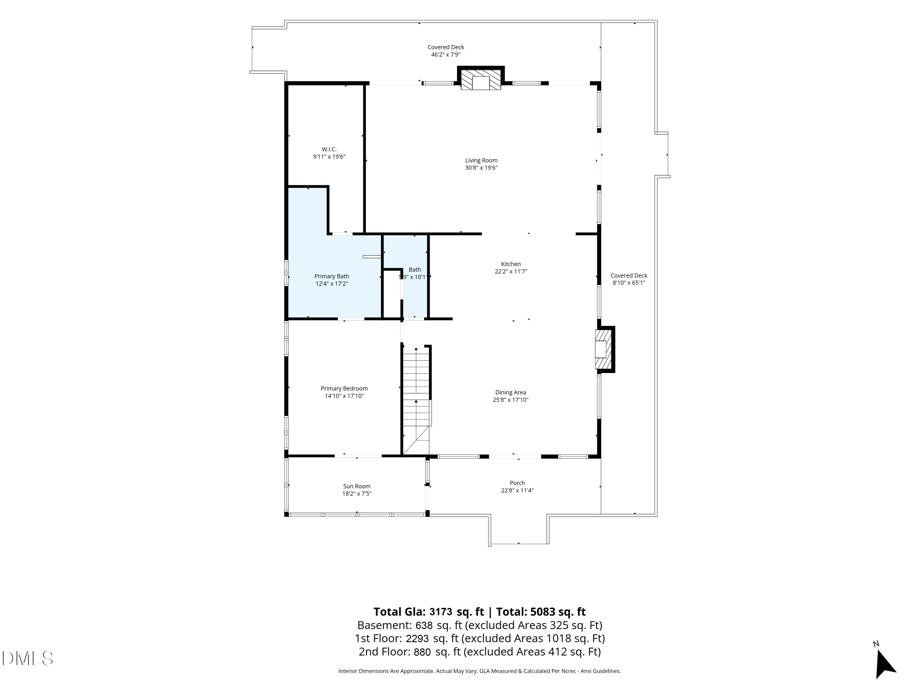 Floor plan showing the living room, kitchen, dining area, primary suite, sunroom, porch, and covered decks.