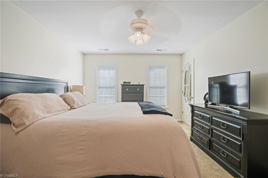 Bedroom with a large bed, dark wood furniture, television, and two windows with blinds.