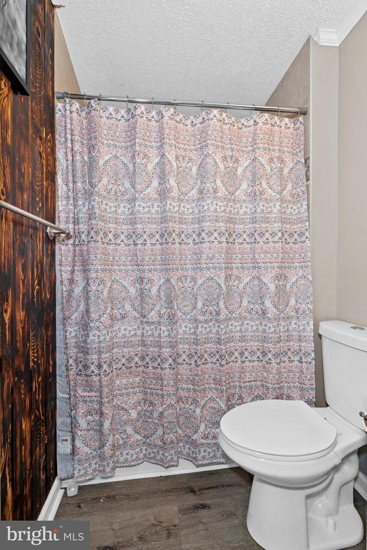Bathroom with a patterned shower curtain and white toilet.