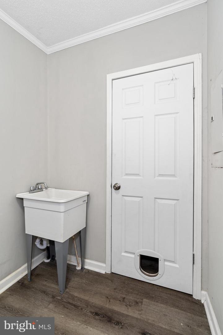 Utility room with a freestanding sink and a white door with a pet flap.