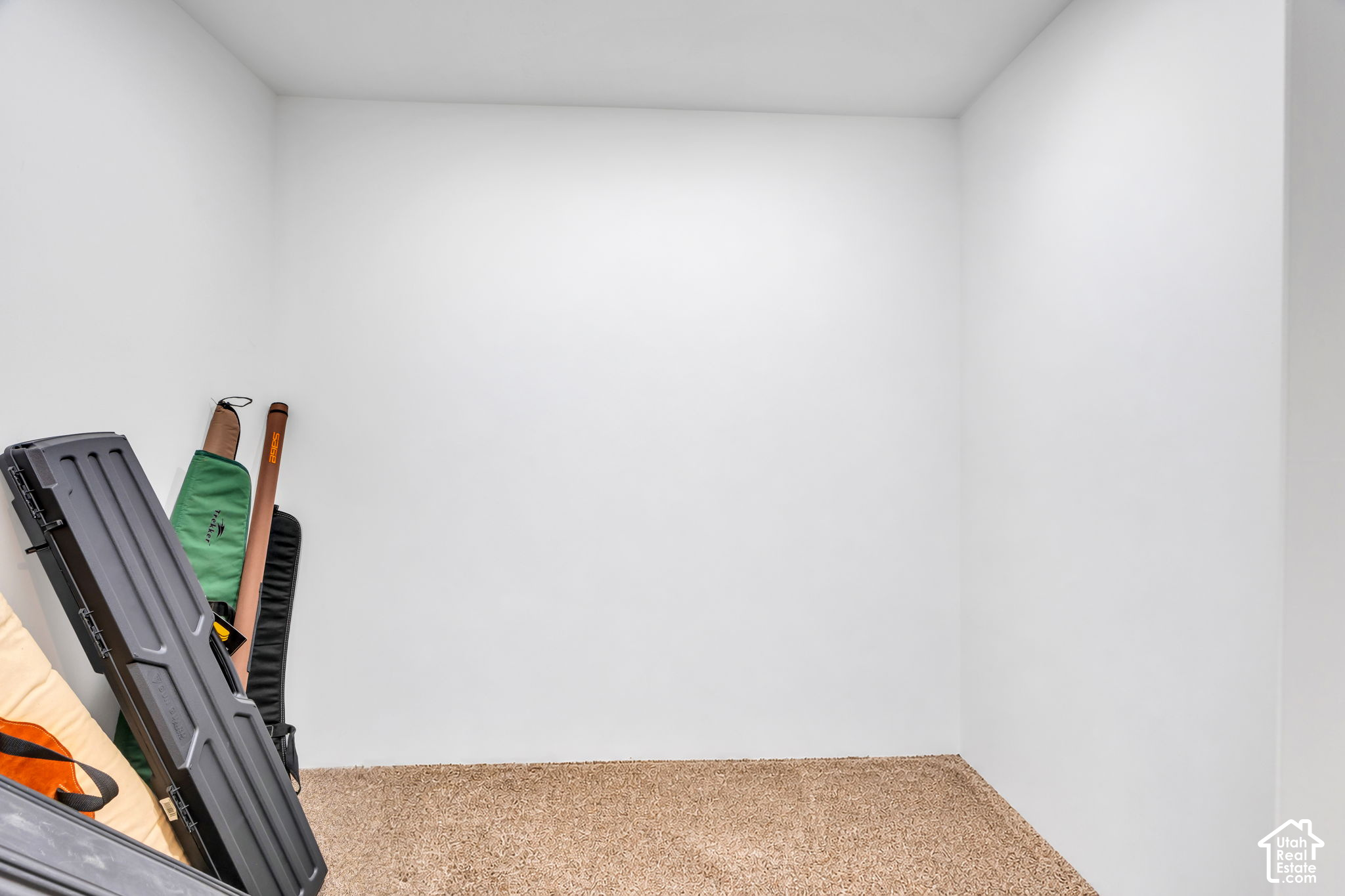 Small carpeted room with outdoor equipment cases and gear leaning against one wall.