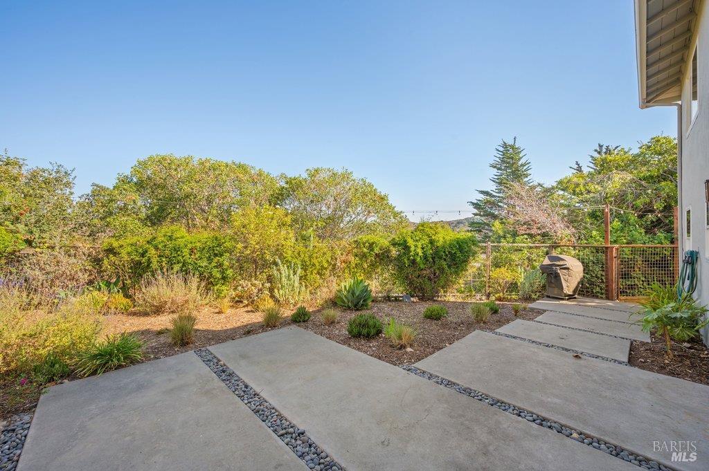 Concrete patio with gravel joints, landscaped beds, privacy hedges, and a covered grill beside the house.