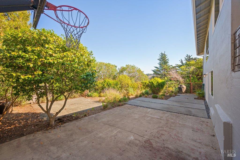 Concrete side patio and driveway with a basketball hoop beside a landscaped garden.