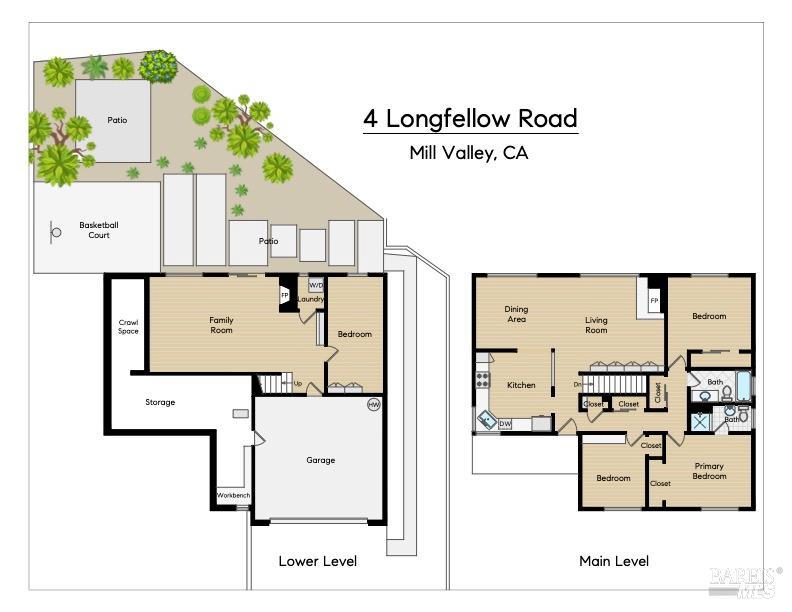 Floor plan for 4 Longfellow Road showing the main and lower levels, including a garage and outdoor basketball court.