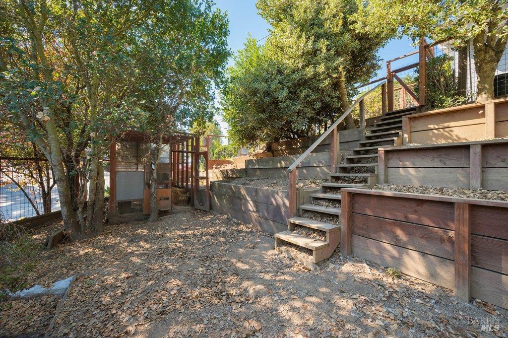 Wooded yard with leaf-covered ground, timber retaining walls, and stairs leading up to a deck.