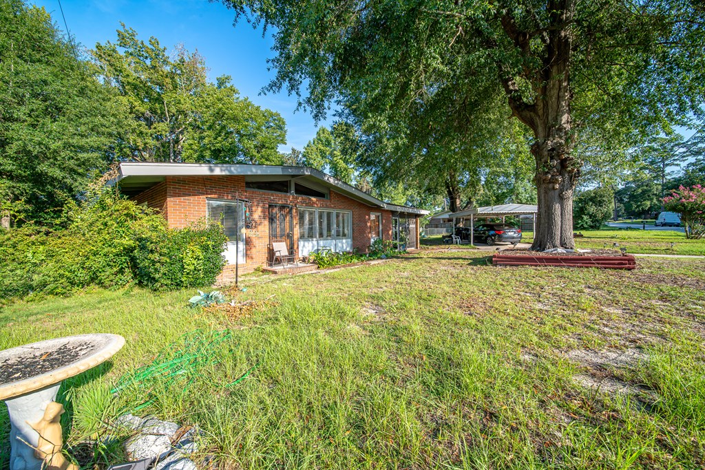 Single-story brick home with a covered carport and large shade tree in the yard.