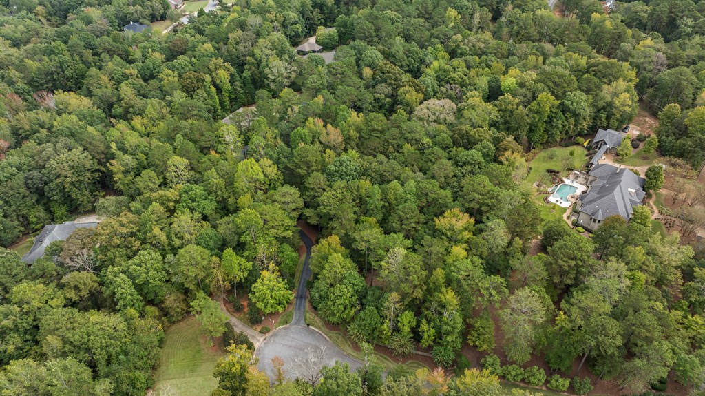 Aerial view of a wooded property with a large home and swimming pool near a cul-de-sac.