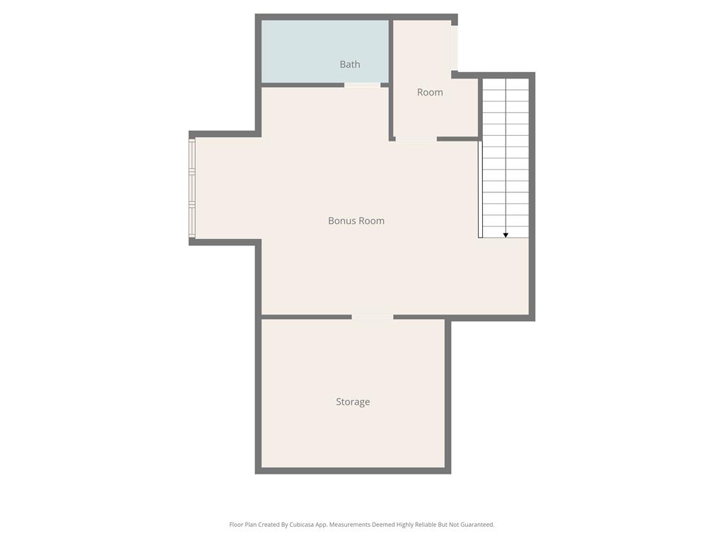 Floor plan showing a bonus room, bath, room, staircase, and separate storage area.
