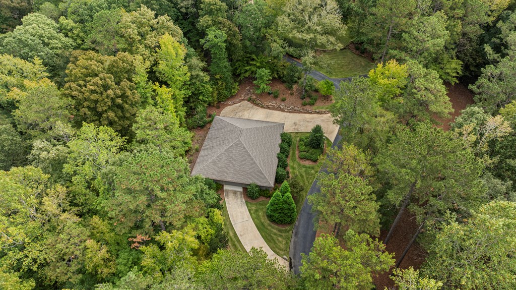 Aerial view of a house nestled among trees, with a curved driveway and paved parking area.