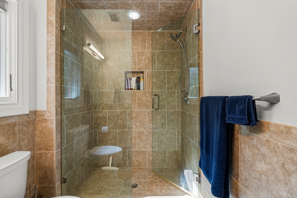 Bathroom with a glass-enclosed tiled shower, built-in niche, and blue towels.