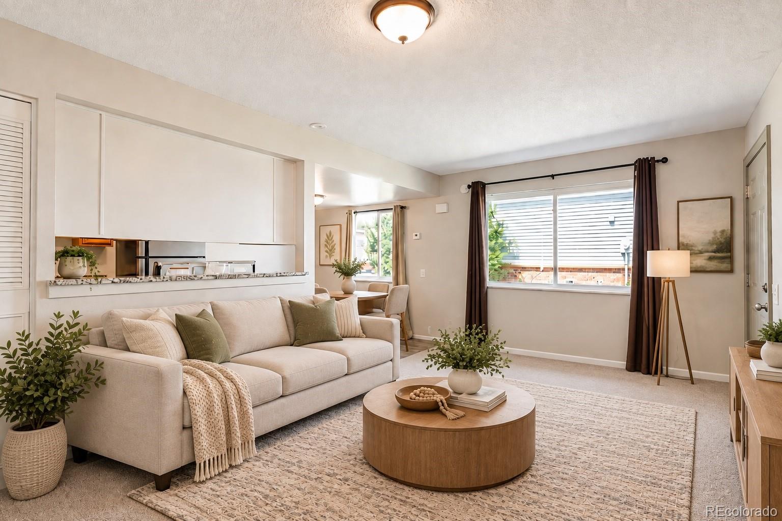 Furnished condo living room with a beige sectional, round coffee table, and open kitchen pass-through.