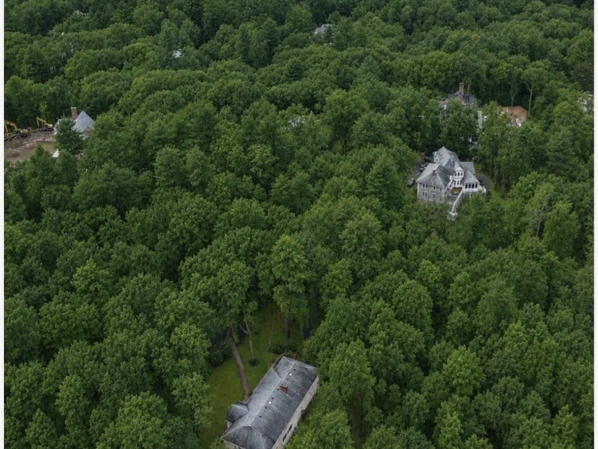 Aerial view of a home surrounded by dense woodland, with neighboring houses nearby.