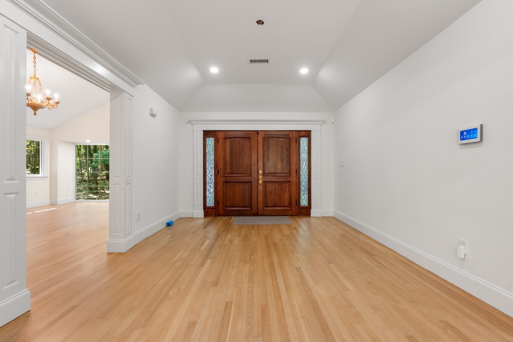 Entry foyer with hardwood floors and dark wood double doors with decorative glass sidelights.