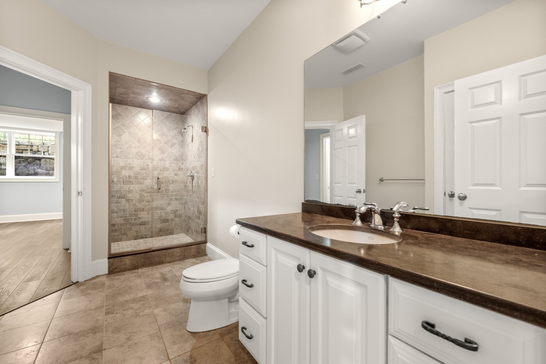 Bathroom with a tiled walk-in shower, white vanity, and dark brown countertop.