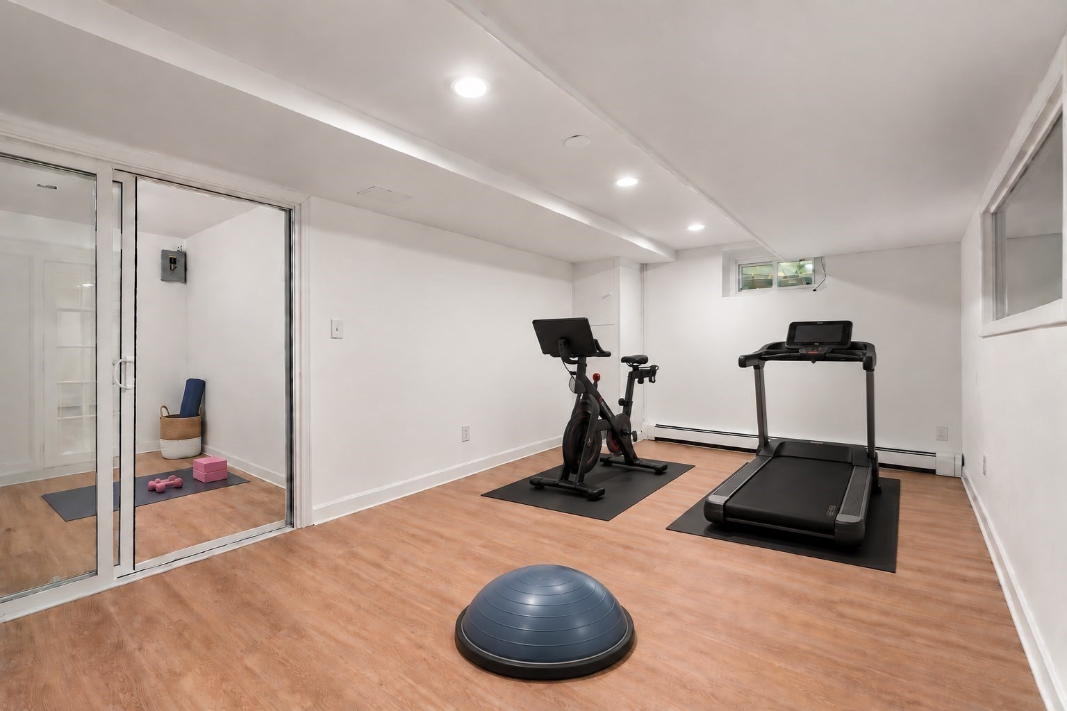 Basement home gym with a treadmill, stationary bike, balance trainer, and mirrored sliding door.